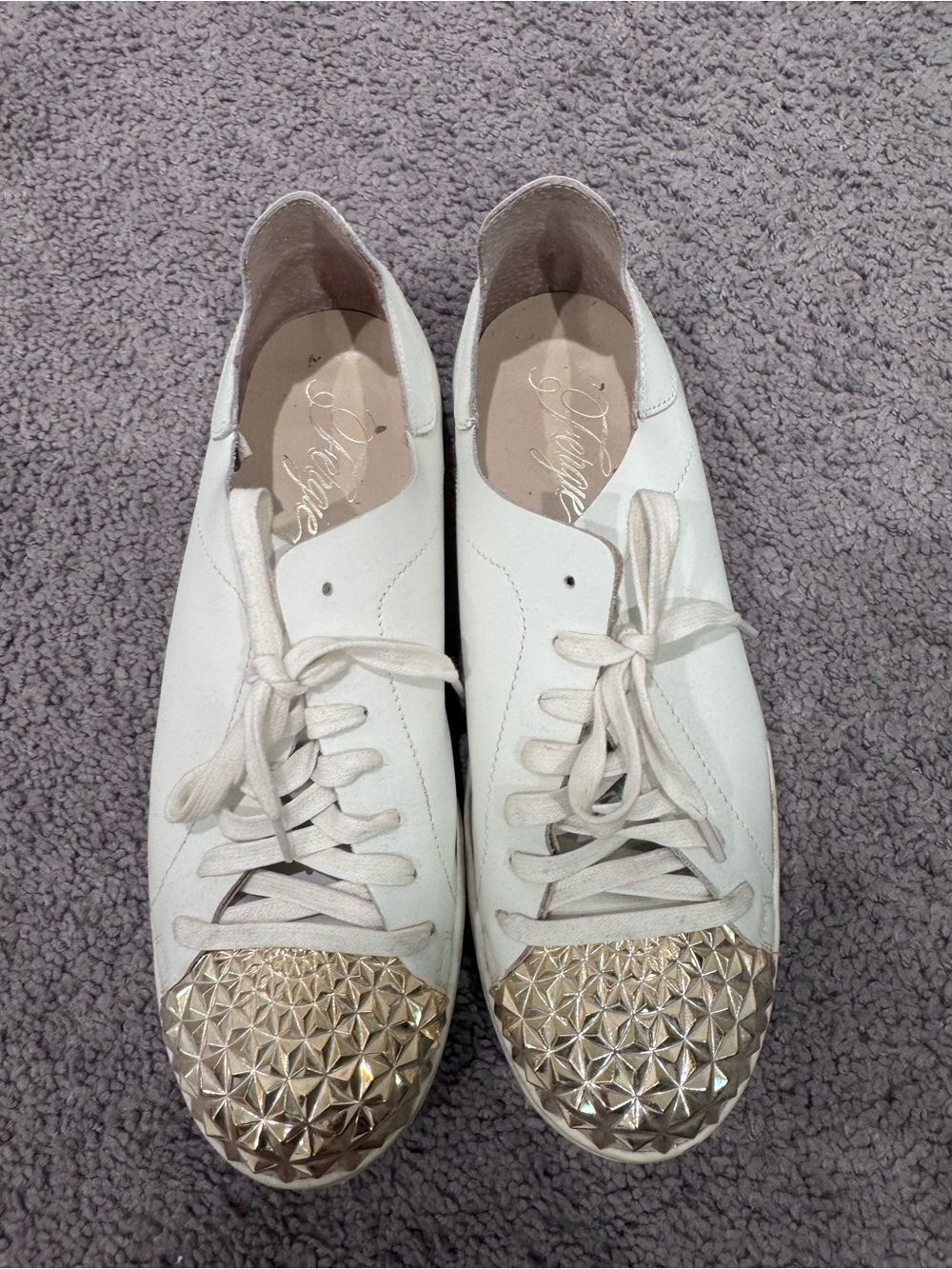 Fergie White Leather Sneakers with Gold Studded Toes